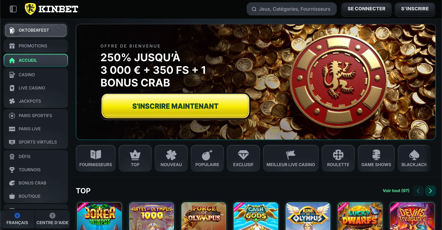 Kinbet Casino capture d'écran de la page principale