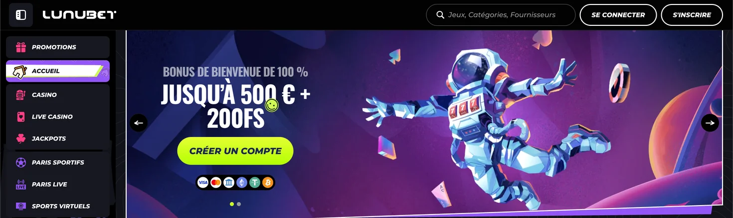 Page d'accueil du casino Lunubet