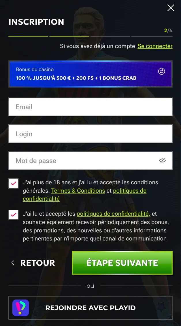 RTbet Casino fenĂȘtre d'inscription
