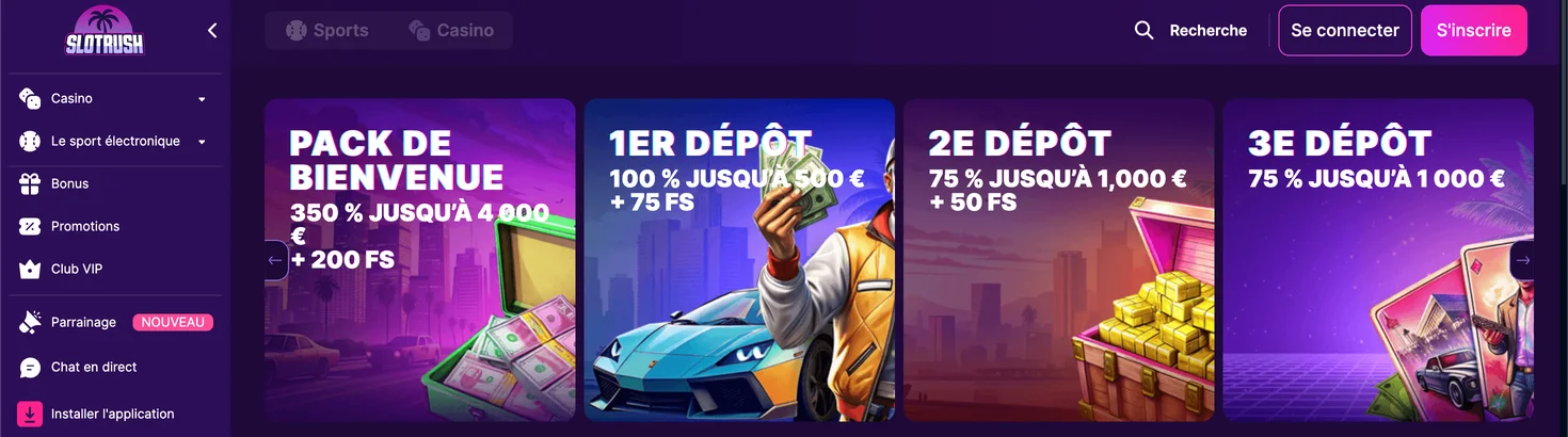 Capture d'écran du lobby du casino SlotRush