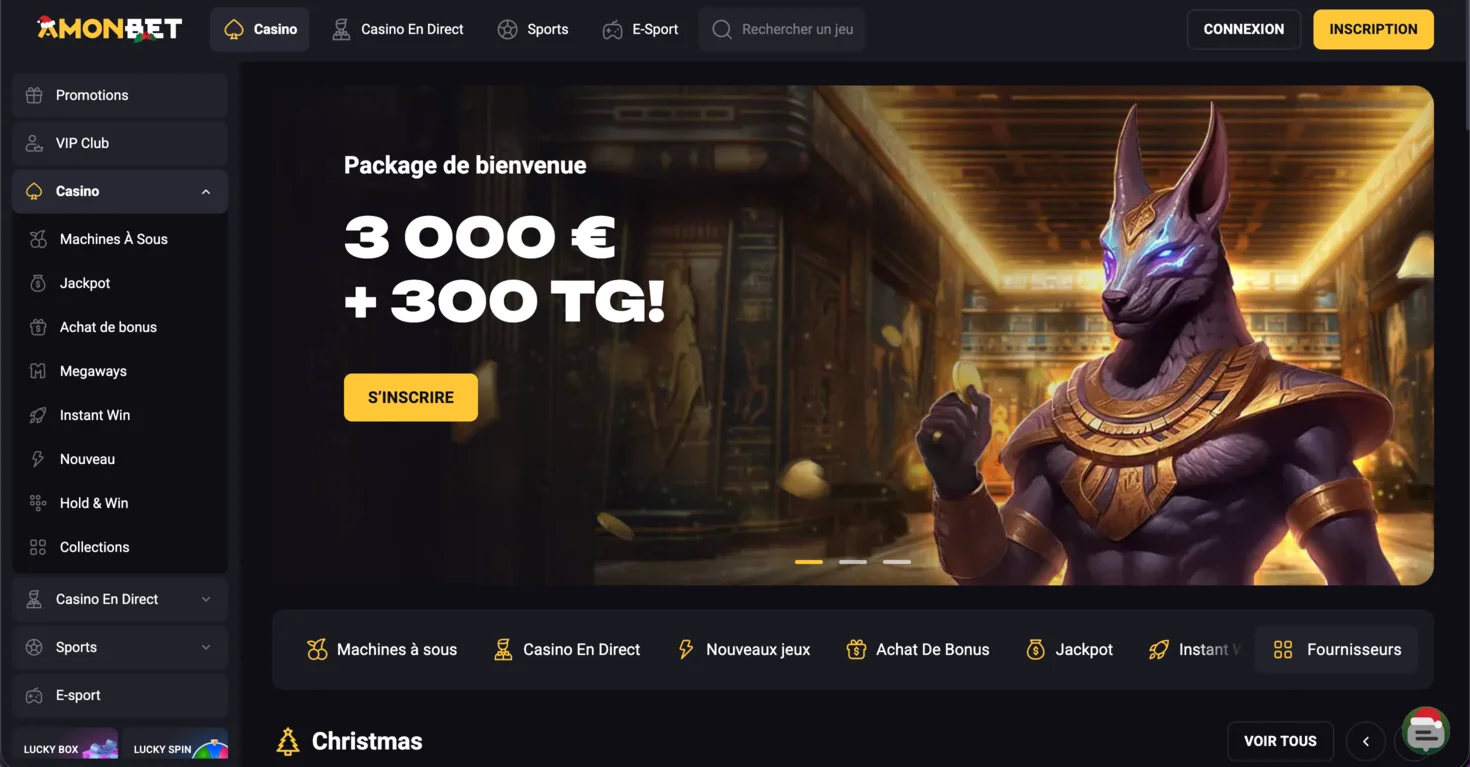 Amonbet casino homepage interface