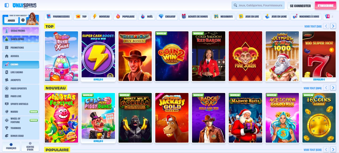 OnlySpins lobby des jeux
