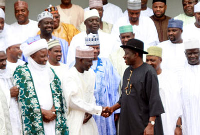 File Photo: President Jonathan shaking hands with northern leaders