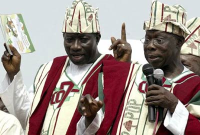 The then Vice-Presidential candidate Goodluck Jonathan campaigning with then President Olusegun Obasanjo in 2007.