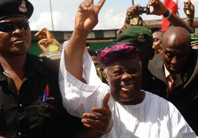Bode George on his arrival at the Cathedral Church Of Christ Marina Lagos yesterday .