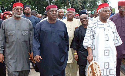 Dr Alex Ekwueme, Chief Achike Udenwa, Dr Samuel Egwu, Senator Ben Obi and Others during an Igbo Summit