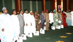A cross section of the newly sworn-in ministers, Saturday, at the Presidential Villa, Abuja.