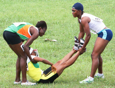 EXHAUSTION ••• Absence of medical personnel at the Amiesimaka's Stadium as athlete offer assistance to themselves.