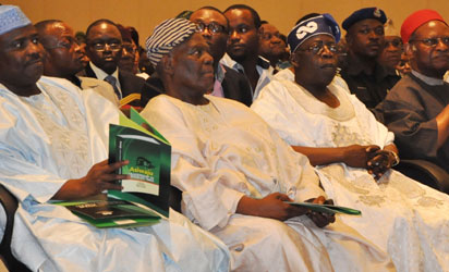 Colloquium—From left: Hon Aminu Tambuwal, Speaker of  House of Representatives; Chief Bisi Akande, ACN National Chairman; Asiwaju Bola Tinubu, Celebrant and Chief Emeka Anyaoku, former Secretary-General of the Commonwealth and chairman of the occasion, at the 4th Bola Tinubu Colloquium- 'Looking Back, Thinking Ahead'- to commemorate his 60th Birthday yesterday in Lagos. Photo: Bunmi Azeez
