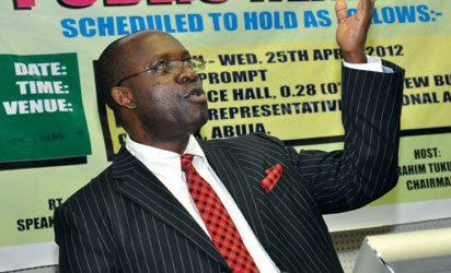 Former CBN Governor, Prof. Chukwuma Soludo, Speaking at the Public Hearing by the House of Representatives Ad-hoc Committee investigating the near collapse of Nigerian Capital Market in Abuja on Tuesday (15/5/12).NAN Photo