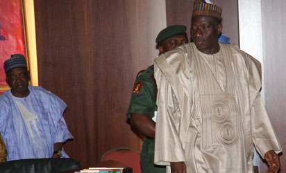 President Goodluck Jonathan (right) and Vice President Namadi Sambo arriving for the weekly meeting of the Federal Executive Council at the State House, Abuja, yesterday. Photo: Abayomi Adeshida.