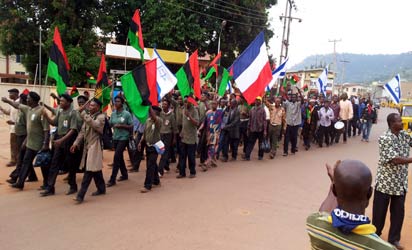 *Members of Biafra Zionist Movement during a procession shortly before the re-declaration of independence of Biafra Republic by the group in Enugu, yesterday.