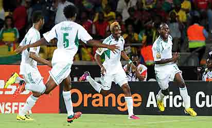 Nigeria midfielder Victor Moses (R) celebrates after scoring against Ethiopia on January 29, 2013 during a 2013 African Cup of Nations Group C football match at the Royal Bafokeng stadium in Rustenburg. AFP PHOTO.