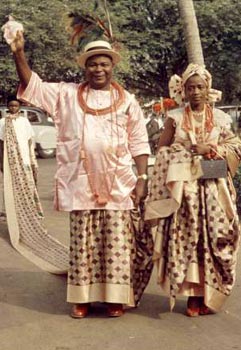 *Chief Festus Okotie-Eboh (with his flamboyant wrapper) and his wife during Queen Elizabeth II visit to Nigeria in 1956