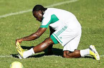 EXERCISING.... Super Eagles striker excercising his foot before a match. Will he be fit enough to battle Burkina Faso Sunday?