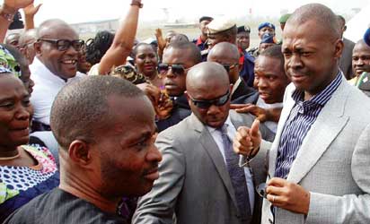 GOV. SULLIVAN CHIME OF ENUGU STATE (R) WITH HIS DEPUTY, MR SUNDAY ONYEBUCHI (L) ON HIS RETURN TO ENUGU AFTER OVER 4 MONTHS OF ABSENCE ON FRIDAY