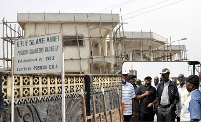 *Governor Babatunde Fashola of Lagos State, flanked by officials, during his inspection of renovation work at the Vlekete Slave Market, Badagry