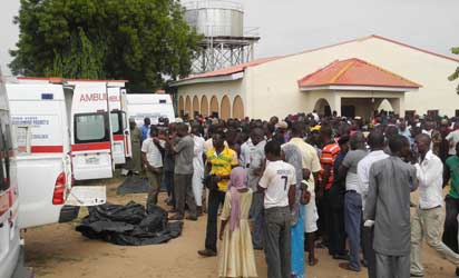 TEARS FOR SLAIN POLICEMEN—Ambulances bringing the remains of the slain Police officers to Dalhatu Specialist Hospital Morgue in Lafia, Nasarawa State, yesterday. Photo: NAN.