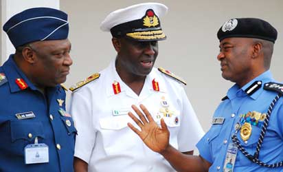 From left: Chief of  Air Staff Air  Marshall, Alex Badeh; Chief of Naval Staff, Vice  Admiral Dele Ezeoba; and Inspector-General of  Police, Mohammed Dikko Abubakar, after a security meeting with President  Goodluck Jonathan  at the Presidential Villa, Abuja, on Friday.