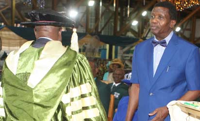 Graduation: Pastor Enoch Adeboye, General Overseer, Redeemed Christian Church of God (right) and Mr. Ojo Olalekan, during the graduation of The Redeemed Christian Bible College, at the Redeemed Christian camp ground. Photo: Shola Oyelese.
