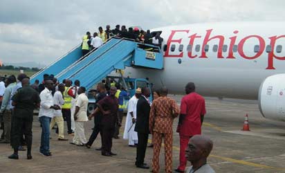 People coming down from the Ethiopian Airline on arrival at Akanu Ibiam International Airport Enugu PHOTO BY HILL EZEUGWU