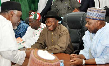 From left: Gov Murtala Nyakko of Adamawa; PDP National Chairman, Alhaji Bamanga Tukur; President Goodluck Jonathan and Vice-President Namadi Sambo at the PDP 62nd National Executive Council Meeting in Abuja on Thursday (22/8/13).