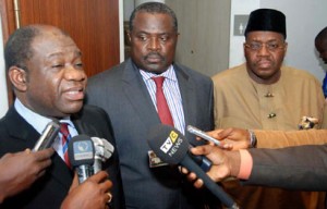 *POWER MEETING: From left— Prof. Chinedu Nebo, Minister of Power; Engr. Beks Dagogo-Jack, Chairman, Presidential Task Force on Power, and Amb. Godknows Igali, Permanent Secretary, Ministry of Power, address newsmen after their meeting with President Goodluck Jonathan at Aso Villa, Abuja, yesterday. PHOTO: Abayomi Adeshida.