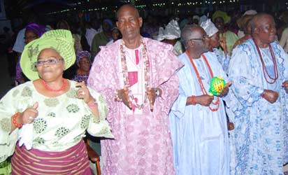 ROYAL DANCE: From left, Pastor (Mrs) Olori V.D.A. Adesanoye, Oba G. O. Adeniyi, HRM. Oba S. O. Oyebade and HRM. Oba Adedara Bankole dancing during the opening service.