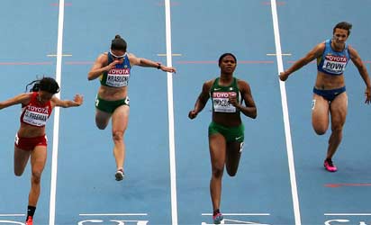 Nigeria's Blessing Okagbare (2nd-R) wins heat 1 during the women's 100 metres semi-final at the 2013 IAAF World Championships at the Luzhniki stadium in Moscow on August 12, 2013. AFP PHOTO