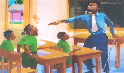 Old method of teaching; teacher seems battle-ready