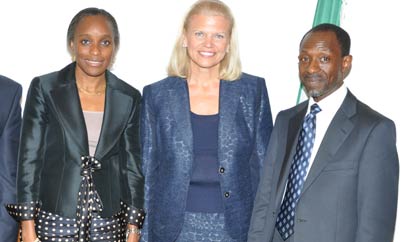 Mrs. Omobola Johnson, Communicatiosn Technology Minister, President and Chief Executive Officer,  IBM,  Ms. Virginia Ginny Rometty and Country General Manager,  IBM, Nigeria, Taiwo Otiti, in Abuja during a courtesy visit, Monday.