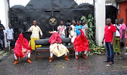 Pic. Itsekiri masquerades join the protest. Px Akpokona Omafuaire