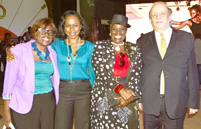*L-R: Joke Silva,Bolanle Austen-Peters, founder of Terra-Kulture,Taiwo Ajayi Lycett, and Francois Sastourne, French Consul-General in Nigeria at the unveiling of Saro, the Musical in Lagos 