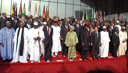 CENTENARY—President Goodluck Jonathan (5th right) flanked on his right by President  Ellen Johnson-Sirleaf of Liberia and  left by President Francois Hollande of France, and from left, General Yakubu Gowon, Gen. Omar Bashir of Sudan, and President Yahya Jammeh of The Gambia among other world leaders during the Conference on Human Security, Peace and Development organised to mark the Nigerian Centenary celebrations at the International Conference Centre, Abuja, yesterday. State House Photo.