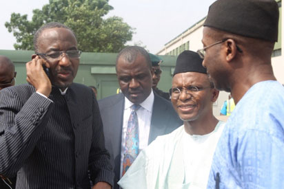 Ousted CBN governor Lamido Sanusi, Nasir elRufai and others on his arrival at Lagos Airport, yesterday from Niger Republic.