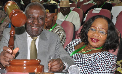 Chairman of National Conference, Hon. Justice Idris Legbo Kutigi with his gavel at Conference on Monday in Abuja. Photo by Gbemiga Olamikan.