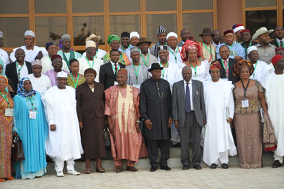 President Goodluck Jonathan flanked by Vice President Namadi Sambo and the Conference Chairman, Justice Legbo Kutigi  (4r) while the Speaker TIONAL CONFERENCE House of Representatives, Hon. Aminu Tambuwal (3l); Vice Chairman of the Conference, Prof. Boolaji Akinyemi (3r); Chief Justice of the Federation, Justice Aloma Mukhtar (4l) and other dignitaries watched in a group photograph with delegates after the inauguration of the 2014 National Conference of the People of Nigeria at the National Judicial Institute, Airport Road, Abuja. Photo by Abayomi Adeshida 17/03/2014