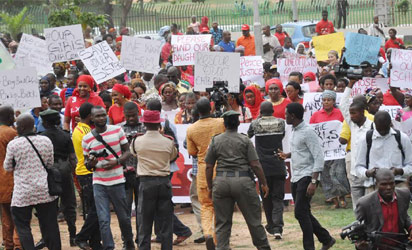 ABDUCTION PROTESTS— Women For Peace, protesting the abduction of Chibok school girls, yesterday, in Abuja. 