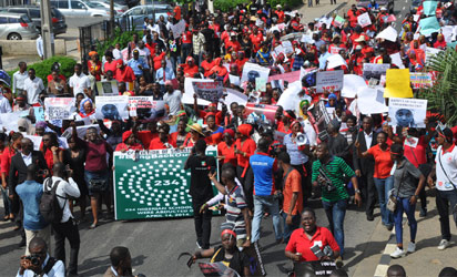 Protest against the abduction of the Chibok female students spread to Ogun and Ondo states from Lagos and Abuja, yesterday. Above: Protesters marching to the office of the Lagos State Governor in Lagos. Below left: Protesters in Abeokuta, Ogun State. Below right: Protests in Ondo. Photos: Bunmi Azeez.