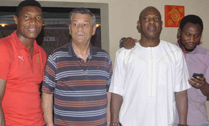 FROM LEFT: Peter Rufai, former Super Eagles goal keeper; former Super Eagles coach, Clemens Westerhof; cSuper Eagles Coach,Stephen Keshi and his assistant, Daniel Amocahi. Photo: AKEEM SALAU.