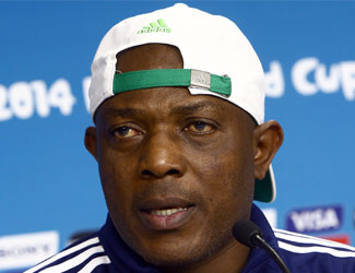 Nigeria's coach Stephen Keshi gives a press conference at the Baixada Arena in Curitiba on June 15, 2014, on the eve of their Group F 2014 FIFA World Cup football match against Iran. AFP PHOTO