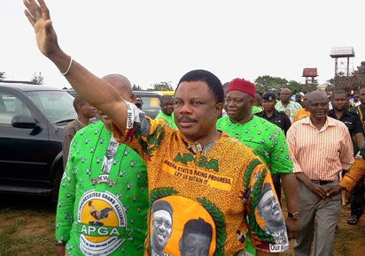 Obiano acknowledging cheers from his supporters at a recent function in the state