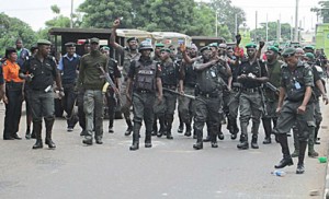 Policeman get sets to quell protect of students of Olabisi Onabanjo University Ago-Iwoye in Abeokuta