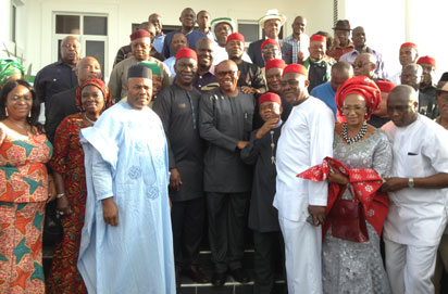 AT LAST, OBI DECAMPS TO PDP: The former Governor of Anambra State, Mr Peter Obi( middle), with the PDP hierarchy from the South-East, including Gov. Godswill Akpabio, shortly after Obi joined the PDP at his Onitsha GRA residence yesterday.