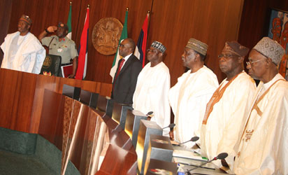 NATIONAL COUNCIL OF STATE—From left: Former President Shehu Shagari, former President Olusegun Obasanjo; former Head of State, Yakubu Gowon; Senate President, David Mark; Justice Minister, Mohammed Bello and President Goodluck Jonathan during the opening of the National Council of State meeting at Aso Chambers, State House, Abuja, yesterday. Photo: Abayomi Adeshida.
