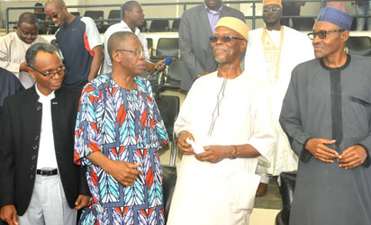 FROM LEFT: APC CHIEFTAIN, NASIRU EL-RUFAI; APC PUBLICITY SECRETARY, CHIEF LAI MOHAMMED; APC NATIONAL CHAIRMAN, CHIEF DAVID OYEGUN AMD APC PRESIDENTIAL ASPIRANT, GEN.MUHAMMADU BUHARI, AT THE APC SALVATION RALLY IN ABUJA ON WEDNESDAY