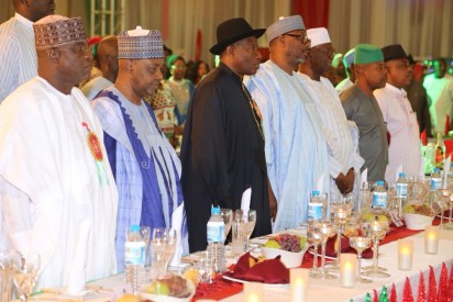 PDP FUND From left Senate President Senator David Mark, Vice President Arc. Namadi Sambo President Goodluck Jonathan, National Chairman of Peoples Democratic Party PDP Alh. Adamu Muazu, Chairman PDP Board of Trustee Chief Tony Anineh , Deputy Speaker Chief Emeka Ihedioaha and the Party Deputy National Chairman Prince Uche Secondus at for the Party Fund Raising Dinner at the State House Abuja Saturday 20th 12 2014 STATE HOUSE PHOTOS