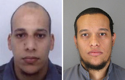 This combo shows handout photos released by French Police in Paris early on January 8, 2015 of suspects Cherif Kouachi (L), aged 32, and his brother Said Kouachi (R), aged 34, wanted in connection with an attack at the satirical weekly Charlie Hebdo in the French capital that killed at least 12 people. French police on January 8 published photos of the two brothers wanted as suspects over the bloody massacre at the magazine in Paris as they launched an appeal to the public for information.   AFP PHOTO / FRENCH POLICE -- EDITORS NOTE --- RESTRICTED TO EDITORIAL USE -- MANDATORY CREDIT "AFP PHOTO / FRENCH POLICE" NO MARKETING - NO ADVERTISING CAMPAIGNS -- DISTRIBUTED AS A SERVICE TO CLIENTS