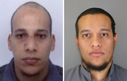 This combo shows handout photos released by French Police in Paris early on January 8, 2015 of suspects Cherif Kouachi (L), aged 32, and his brother Said Kouachi (R), aged 34, wanted in connection with an attack at the satirical weekly Charlie Hebdo in the French capital that killed at least 12 people. French police on January 8 published photos of the two brothers wanted as suspects over the bloody massacre at the magazine in Paris as they launched an appeal to the public for information. AFP PHOTO / FRENCH POLICE -- EDITORS NOTE --- RESTRICTED TO EDITORIAL USE -- MANDATORY CREDIT "AFP PHOTO / FRENCH POLICE" NO MARKETING - NO ADVERTISING CAMPAIGNS -- DISTRIBUTED AS A SERVICE TO CLIENTS