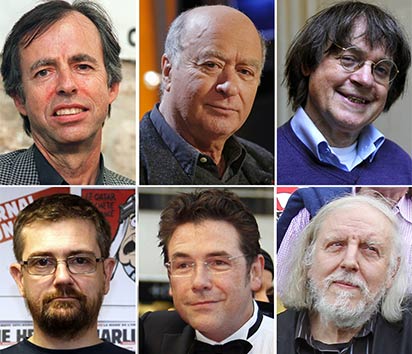 A combination of file photos made on January 8, 2015 shows (from L up) French satirical weekly Charlie Hebdo's deputy chief editor  Bernard Maris and cartoonists Georges Wolinski, Jean Cabut, aka Cabu, Charb, Tignous and Honore (Philippe Honore). At least 12 people were killed, including cartoonists Charb, WolinsKi, Cabu and Tignous and deputy chief editor Bernard Maris when gunmen armed with Kalashnikovs and a rocket-launcher opened fire in the Paris offices of French satirical weekly Charlie Hebdo on January 7, 2015.  AFP PHOTO / GUILLAUME BAPTISTE / BERTRAND GUAY / FRANCOIS GUILLOT / FRANCOIS GUILLOT